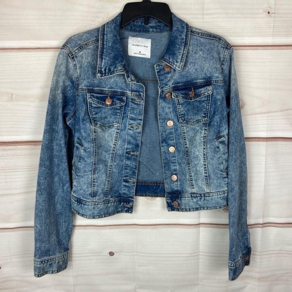 Celebrity Pink Jacket Womens M Acid Wash Denim Jean Button Down Long Sleeve